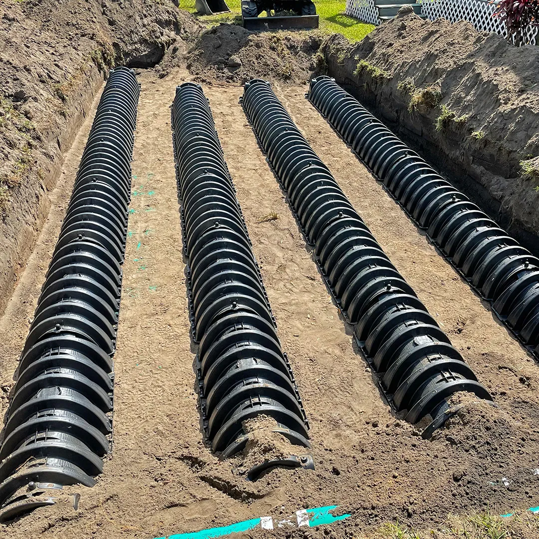Drain field chambers laid out before backfill in Polk County, FL